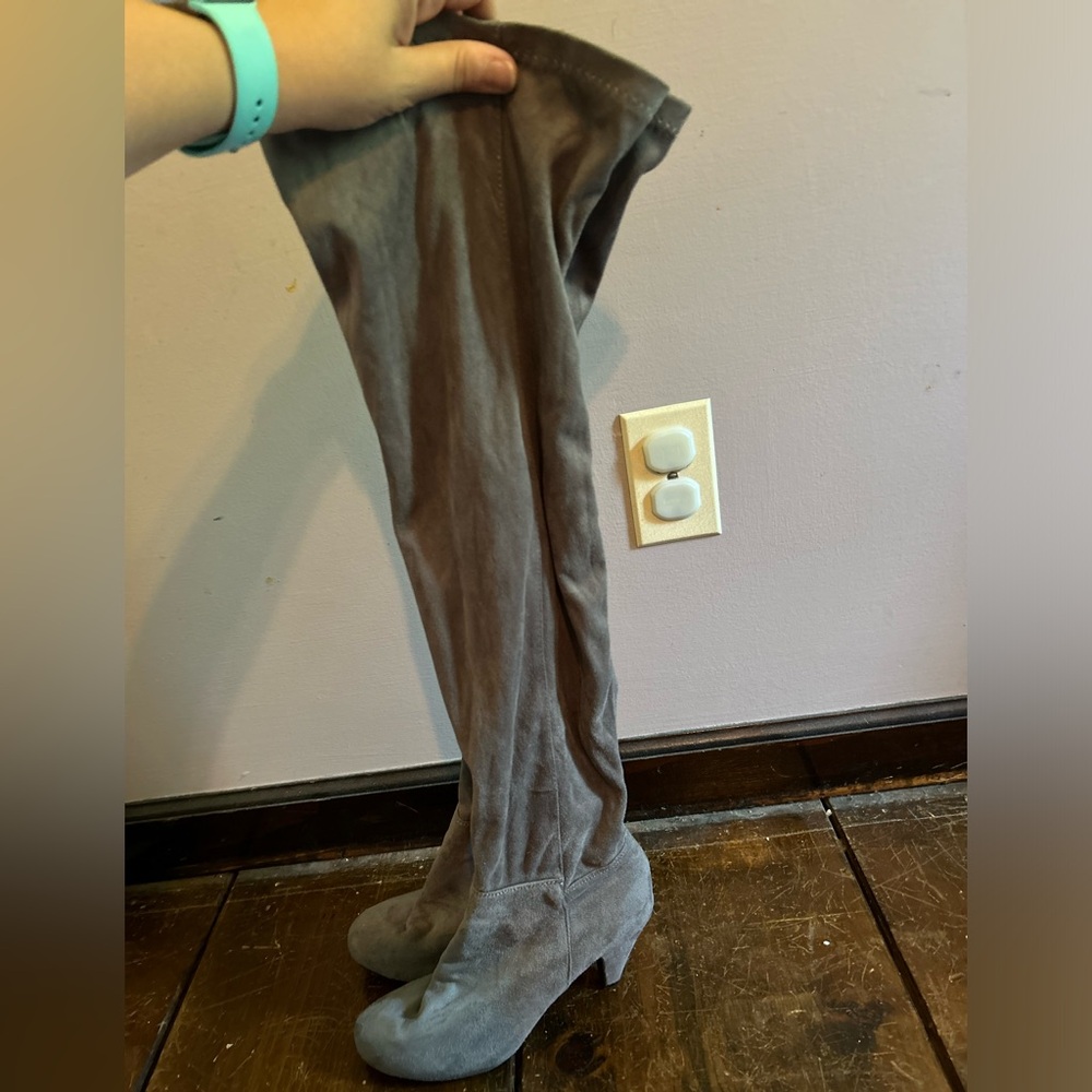 Over-the-Knee Suede Boots in Grey — Women's Pull-On Thigh-High Boots